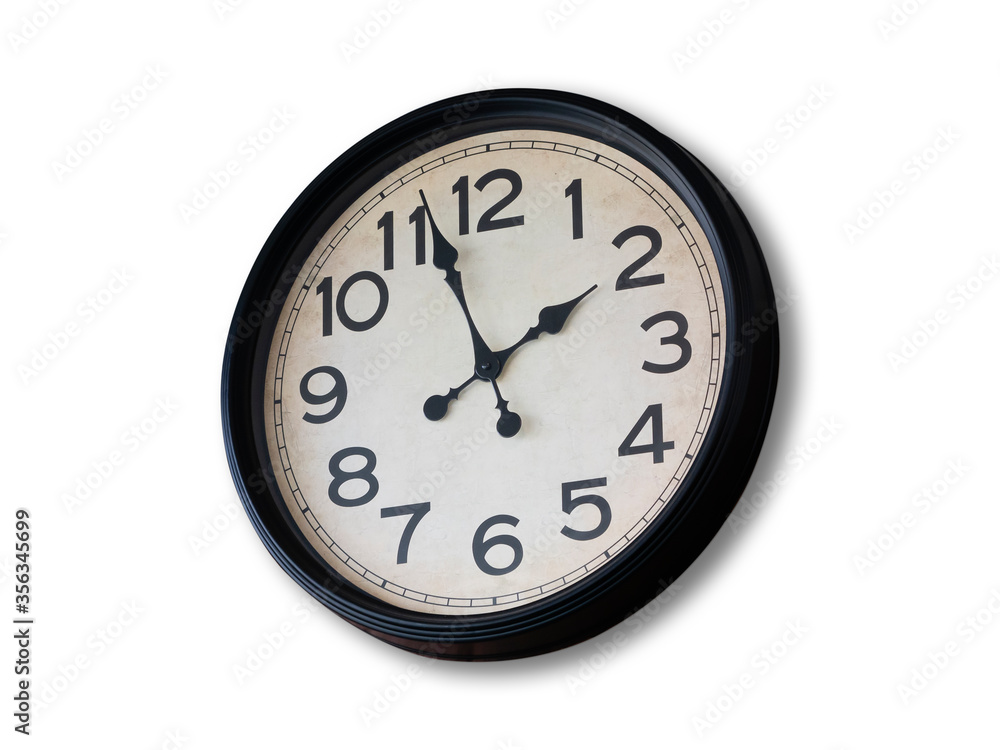White round clock with black border and numbers on isolated white background. Vintage pointers. Minimal and stylish concept. Flat lay White round clock with black border and numbers on isolated white background. Vintage pointers. Minimal and stylish concept. Flat lay