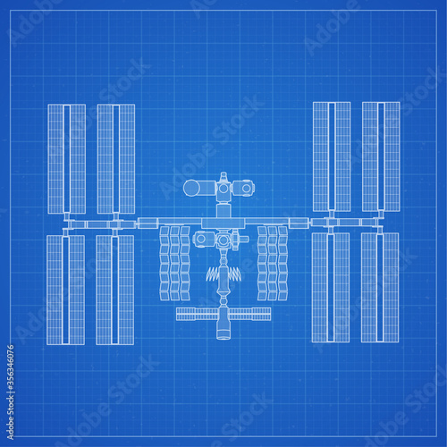 International Space Station plot on blueprint background. Vector illustration.