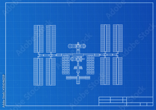 International Space Station plot on blueprint background. Vector illustration.