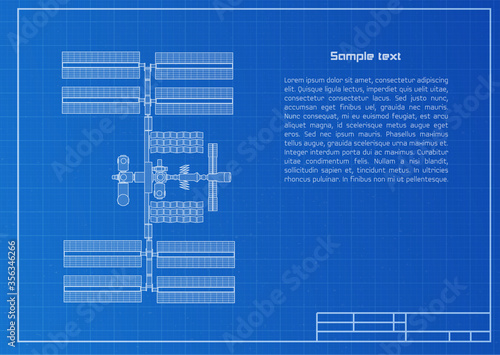 International Space Station plot on blueprint background. Technology and science concept with space for text. Vector illustration.