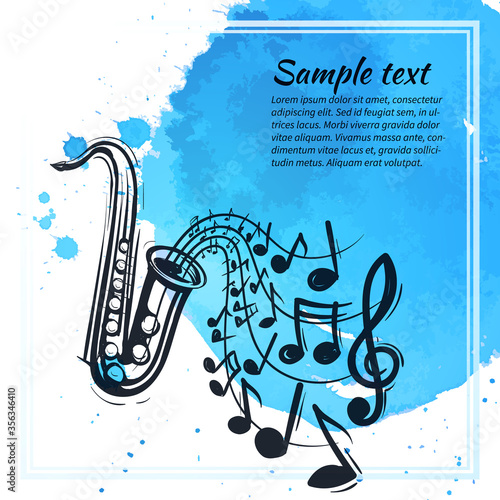 Saxophone musical instrument play melody. Music concept. Sketch style vector illustration on watercolor blue background.