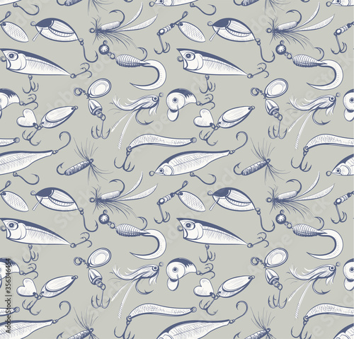 Fishing lures seamless pattern. Vintage sketch style vector illustration.