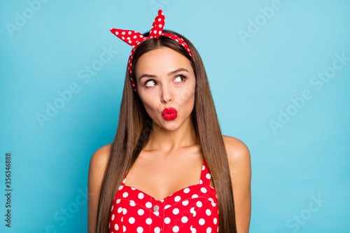 Close-up portrait of her she nice-looking attractive naughty lovable dreamy glamorous straight-haired girl sending air kiss flirting isolated over bright vivid shine vibrant blue color background
