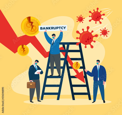 businessmen with masks and ladder design of bankruptcy and covid 19 virus theme Vector illustration