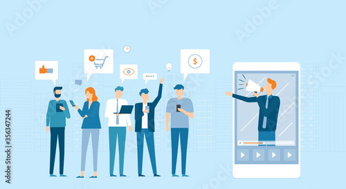 Flat vector business people use mobile for online working with business team working and meeting online concept 