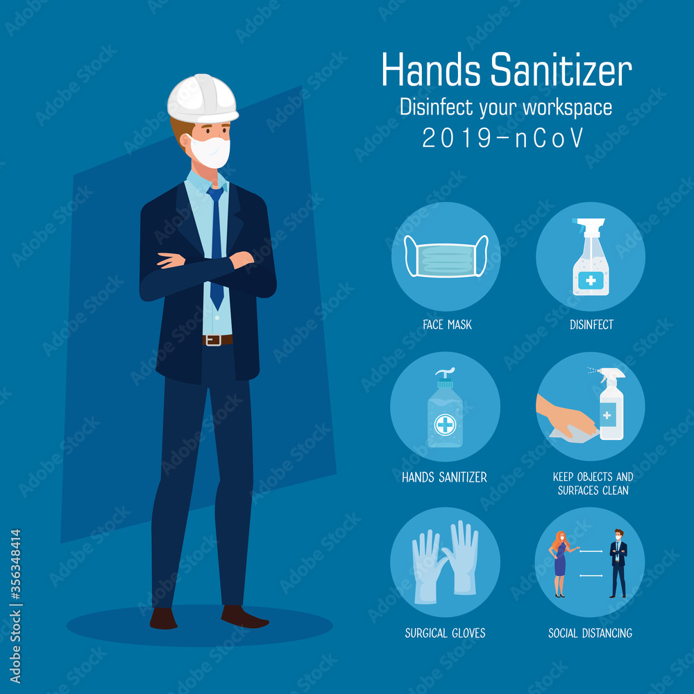 engineer with mask and hands sanitizer prevention tips design, Disinfects clean antibacterial and hygiene theme Vector illustration engineer with mask and hands sanitizer prevention tips design, Disinfects clean antibacterial and hygiene theme Vector illustration