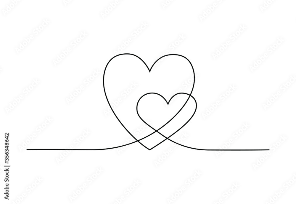 Hearts continuous line drawing. Minimalist card design with two hearts made of one line. Vector hand drawn illustration isolated on white background. Love, relationships, wedding concept Hearts continuous line drawing. Minimalist card design with two hearts made of one line. Vector hand drawn illustration isolated on white background. Love, relationships, wedding concept