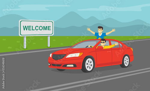 Two cheerful young guys in a red car on the highway. Happy driver driving a car. Flat vector illustration. 