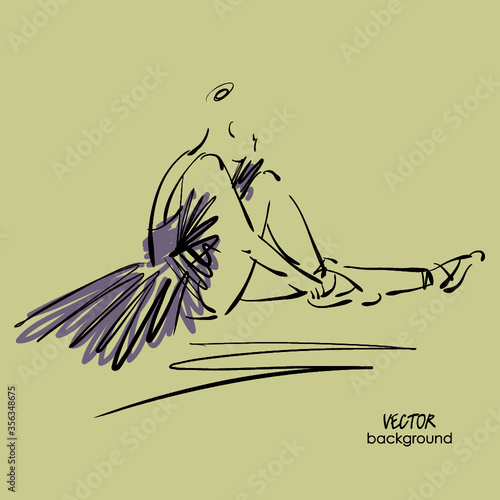 art sketch of sitting on floor and tying up pointe shoes beautiful young ballerina in tutu