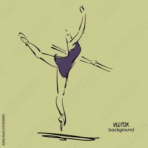 art sketch of beautiful young ballerina in ballet pose in class at barre