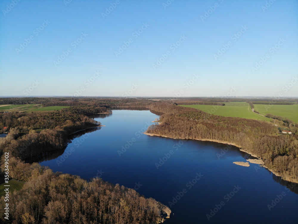 Aerial view of Lake Heinersdorfer See, located 40 kilometres east of Berlin near the B5 in Heinersdorf (Steinhöfel), It is divided by a road dam into the Small and Large Heinersdorfer See. 