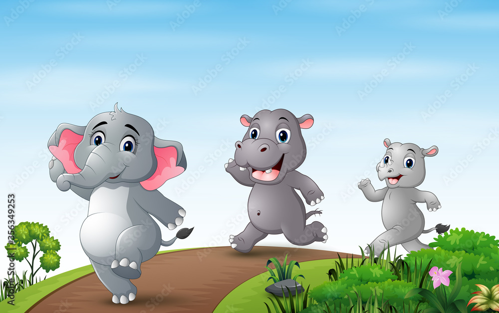 Naklejka premium Illustration of many animals running along the road