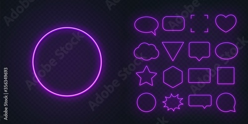 Set of purple neon frames with soft glow on a transparent background. Speech bubble, square, circle, star, triangle, heart, hexagon and other glowing neon shapes on a dark background.