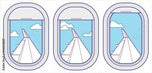 Airplane window vector set with cloudy sky and plane wing view