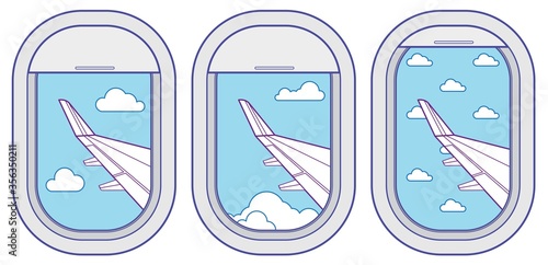 Airplane window vector set with cloudy sky and plane wing view