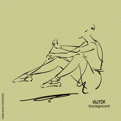 art sketch of sitting on floor and tying up pointe shoes beautiful young ballerina in dress