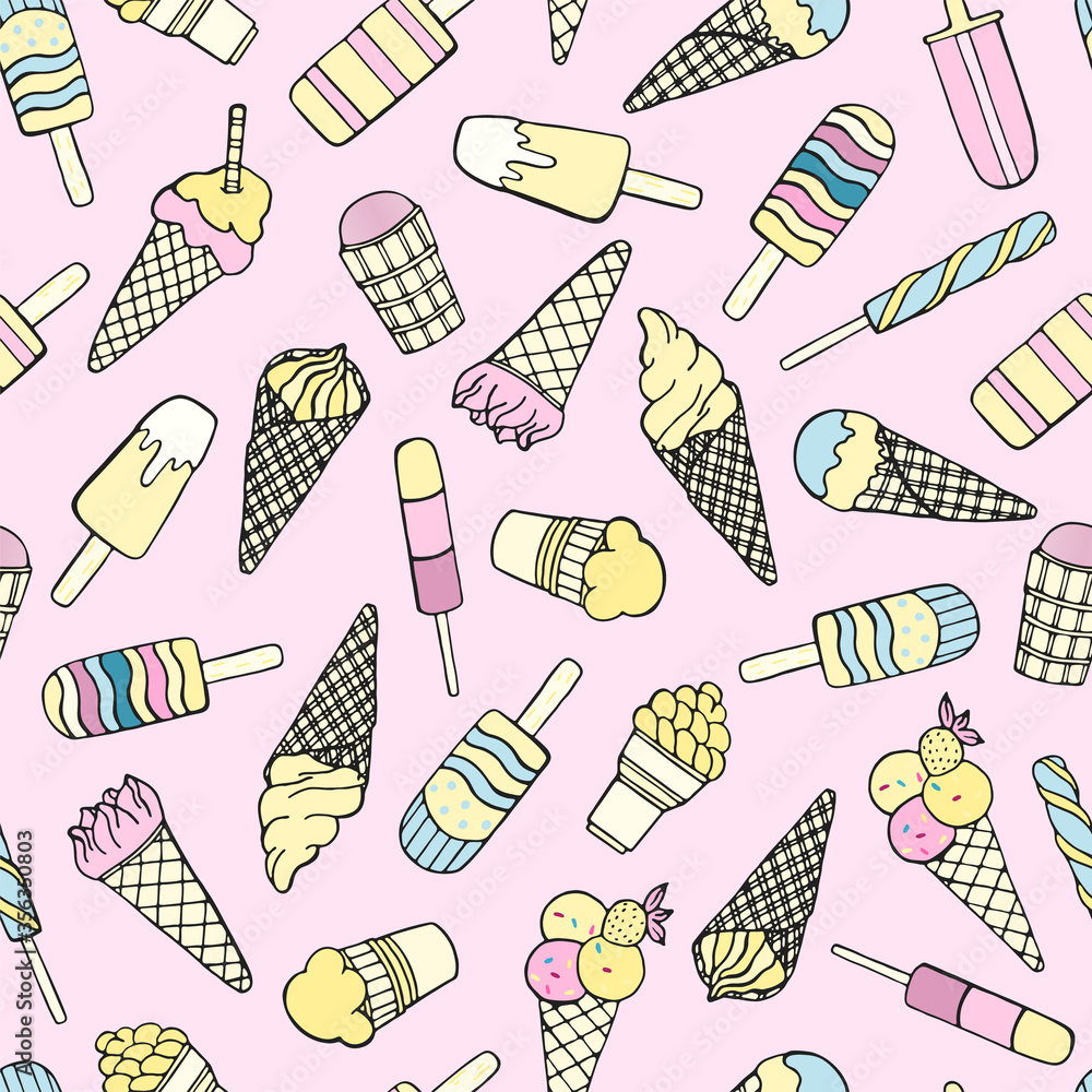 Hand drawn seamless pattern of different types of ice creams, powder, chocolate, strawberry on a pink background. Colorful sweet Illustration set for design card, invitation, wallpaper, wrapping paper