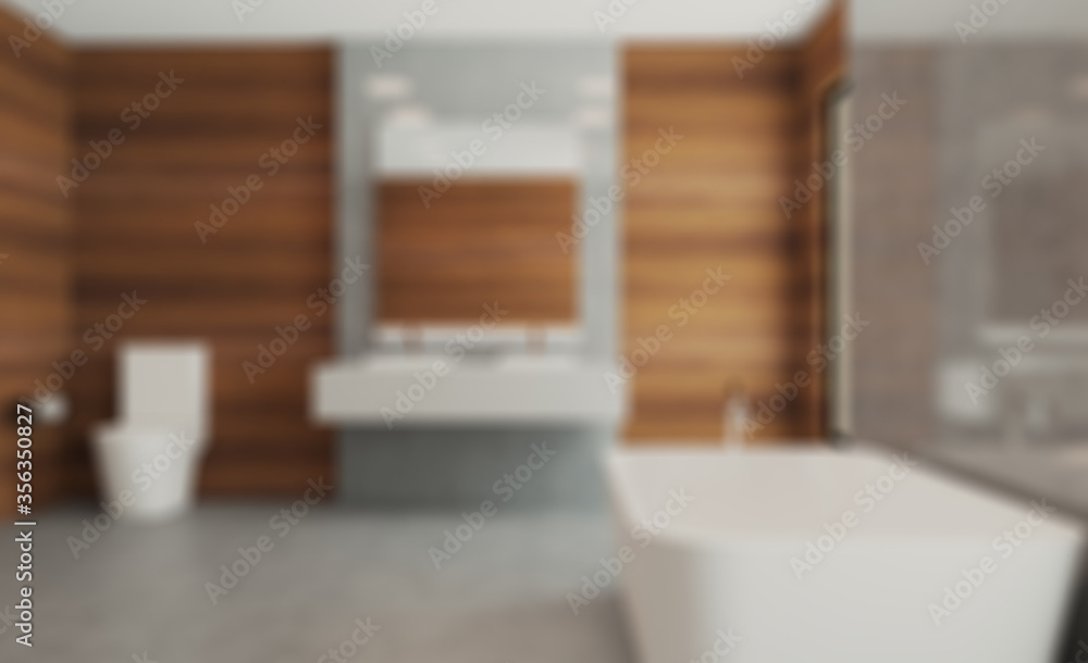 Unfocused, Blur phototography. Bathroom, wood, paneling, walls, modern, sink, marble, floor,. 3D rendering.