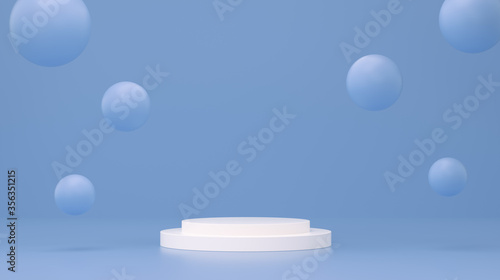 particles floating with cylinder podium in studio. background pastel blue color. minimal geometric studio shape abstract. 3d rendering.