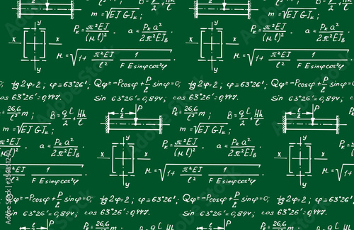 Vintage physics seamless pattern with the equations, figures, schemes, plots and other calculations on blackboard. Handwritten vector Illustration.