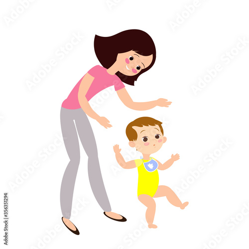 Baby does the first step. Nanny or mother with child