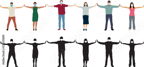 Covid 19 people keep the distance stay safe vector silhouettes colored and in black white