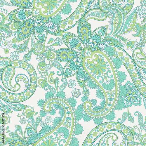 Paisley vector seamless pattern. Fantastic flower, leaves. Batik style painting. Vintage background