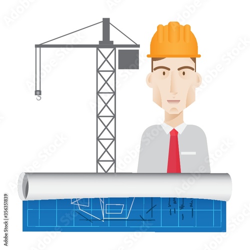 engineer with map and tower crane