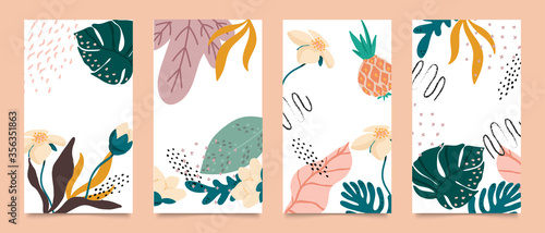 Social media stories and post creative vector set. Abstract shapes background template with floral and copy space for text and images. Vector illustration.