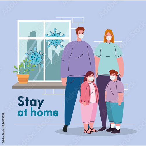 parents son and daughter with masks and stay at home text design of medical care and covid 19 virus theme Vector illustration