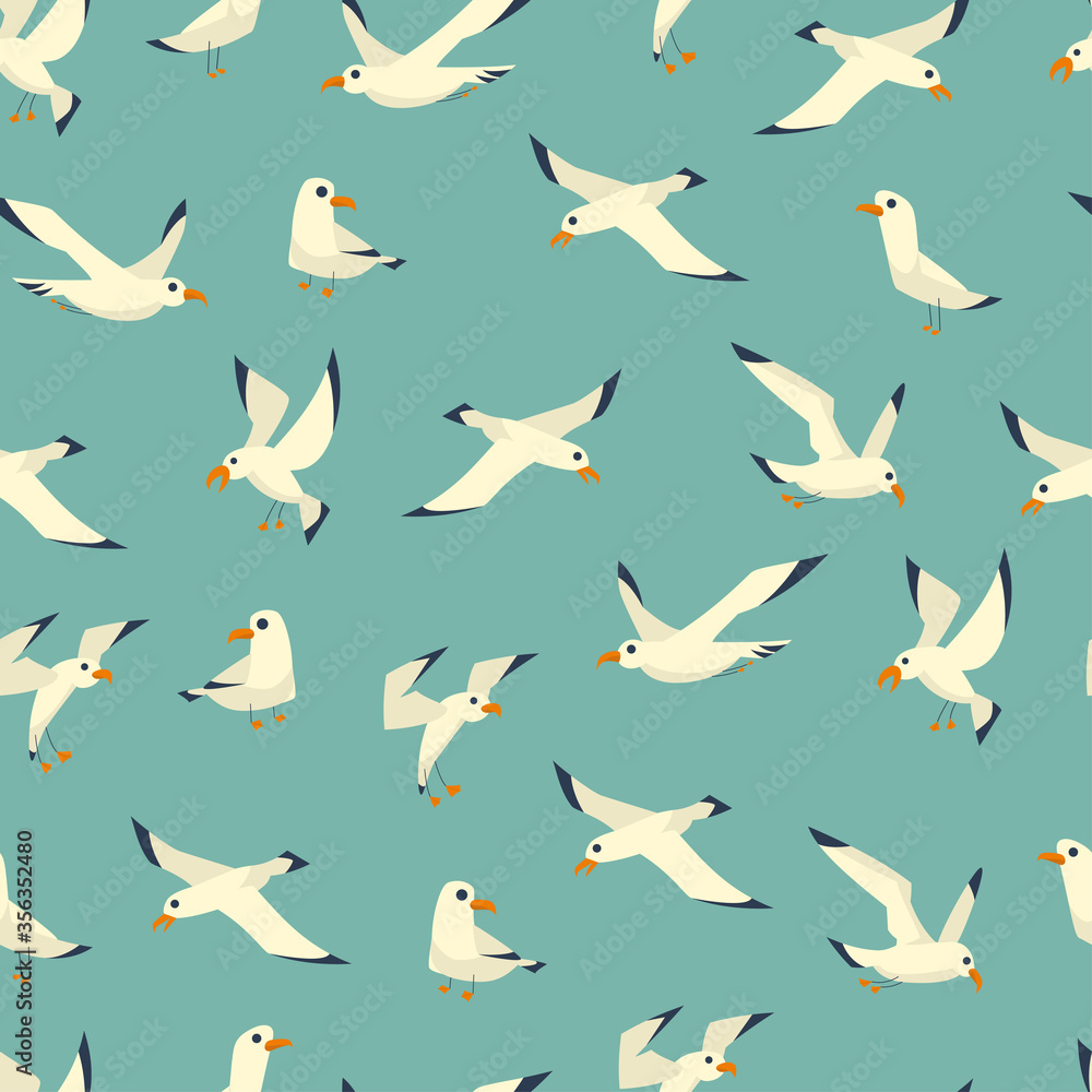 Seagulls vector cartoon seamless pattern on a blue background for wallpaper, wrapping, packing, and backdrop. Seagulls vector cartoon seamless pattern on a blue background for wallpaper, wrapping, packing, and backdrop.
