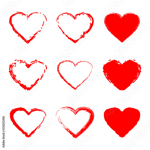 Red scribble hearts vector set isolated on a white background.