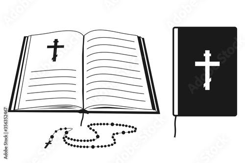 Open Bible with christian cross and holy rosary beads vector black silhouettes set isolated on a white background.