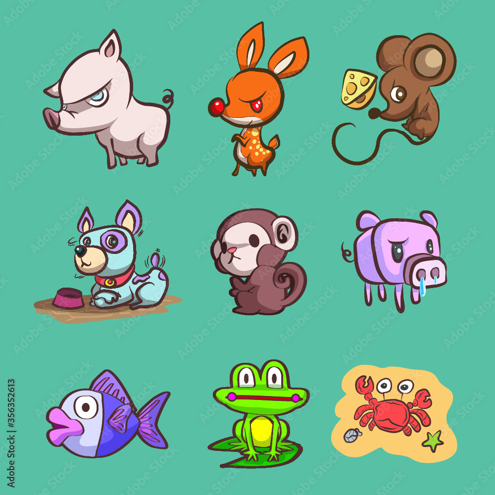 Character Cartoon Basic Animals set [pig, deer, rat, dog, monkey, small  pig, fish, frog, crab] Stock Vector | Adobe Stock