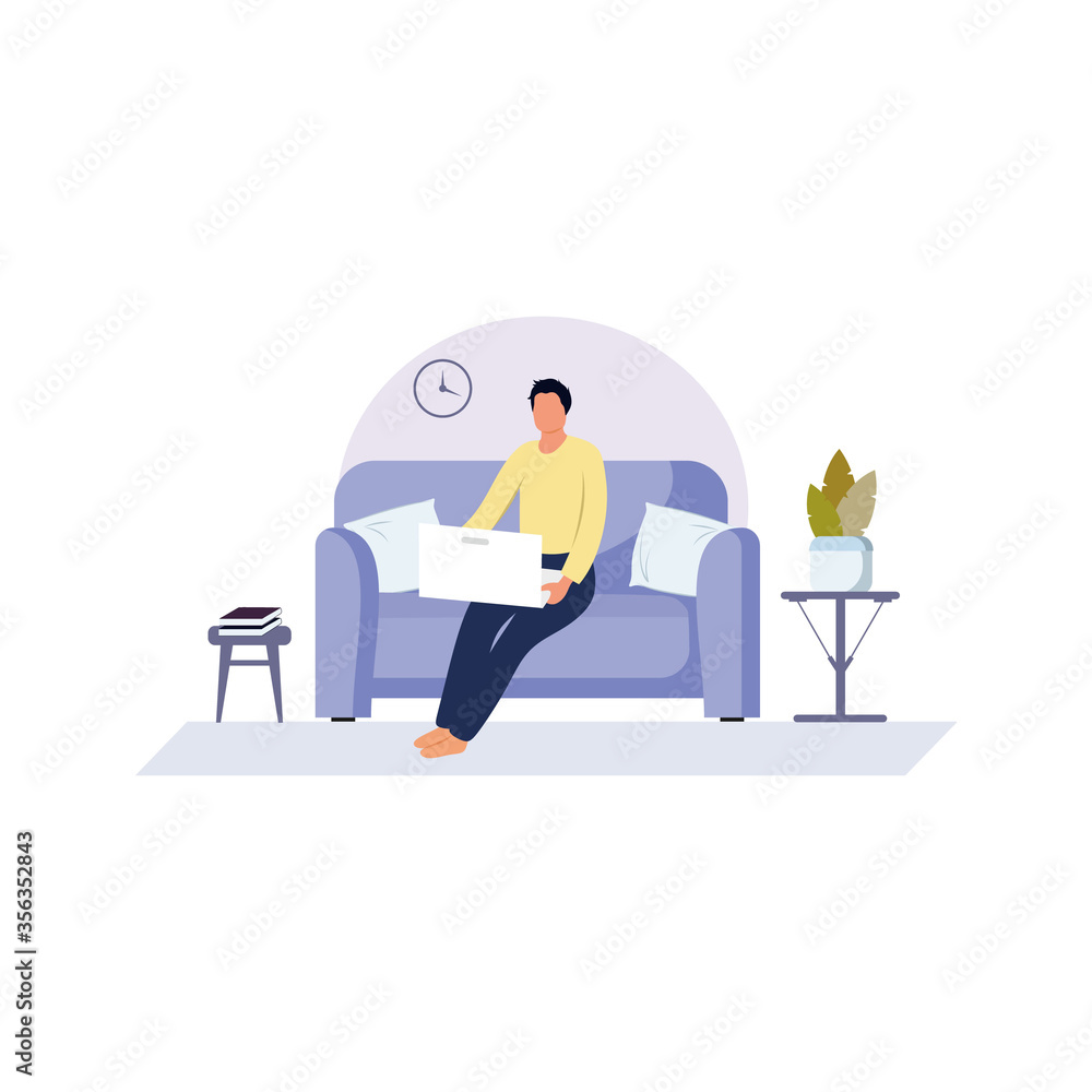 A modern man works at home on a computer. Flat vector illustration of freelancing, work from home, online training. A man communicates remotely via a laptop.