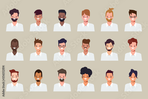 Set of clip art men icon character face difference hair style.