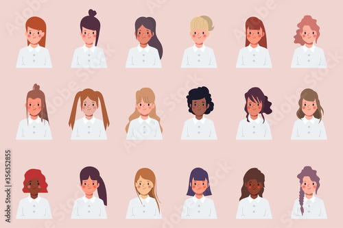 Set of clip art women icon character face difference hair style.
