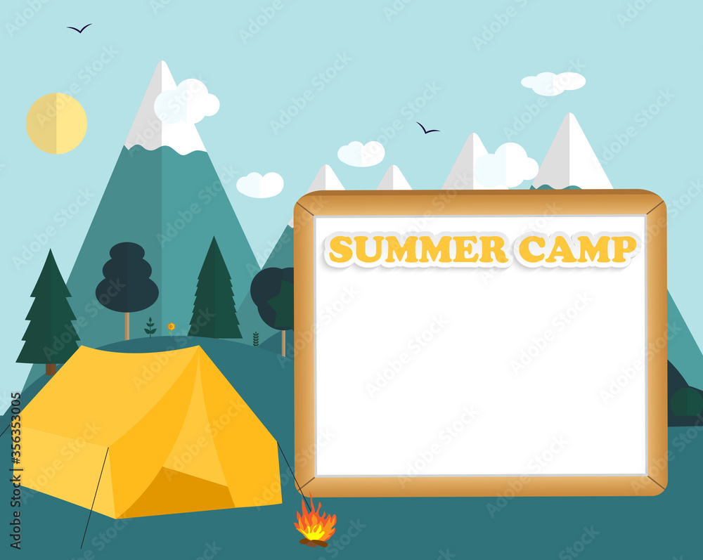 Flat cartoon style illustration nature landscape and trees. Summer Camp Concept. Vector Illustration Flat cartoon style illustration nature landscape and trees. Summer Camp Concept. Vector Illustration
