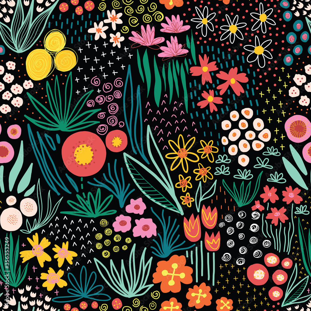 Flower field bright colors on black seamless vector pattern. Repeating liberty doodle flower meadow background. Repeating Scandinavian style line art florals. For fabric, wallpaper, summer decor