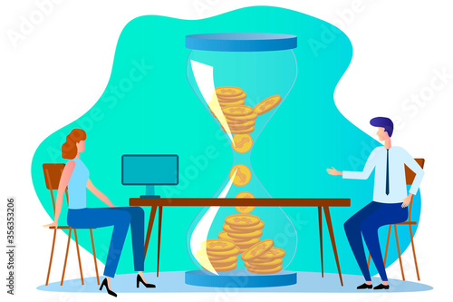 People work against the background of an hourglass.Time management, control of Finance, time is money.Flat vector illustration.