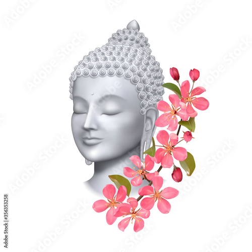 Buddha face with pink cherry flowers print