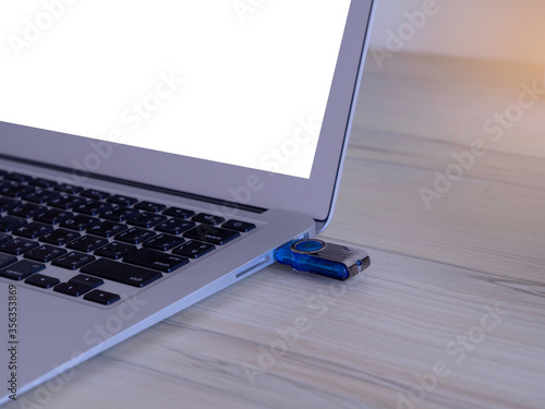 Business & online shopping e-commerce icon on USB drive, usb put in laptop on desk, selective focus. photo