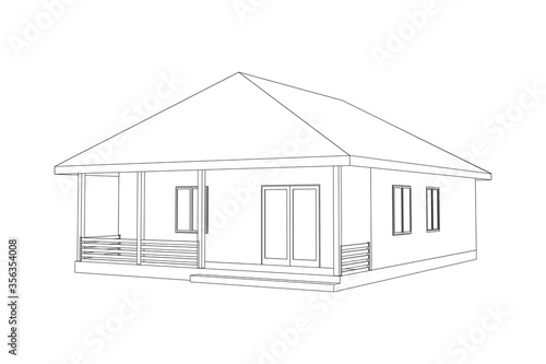 Perspective 3D suburban house. Drawing of the modern building. Cottage project on white background. Vector blueprint.