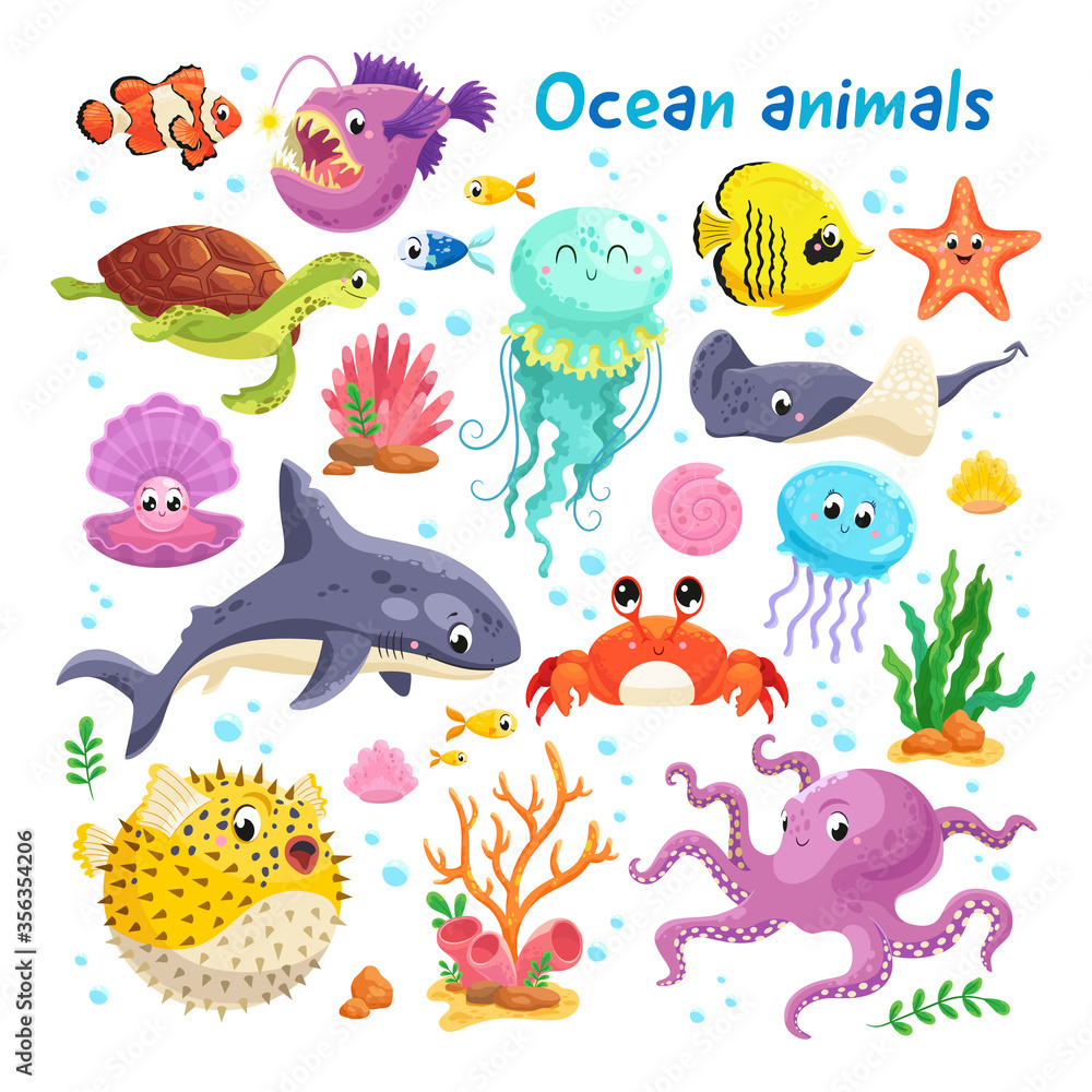 A large set of beautiful ocean animals. Vector illustration. A large set of beautiful ocean animals. Vector illustration.