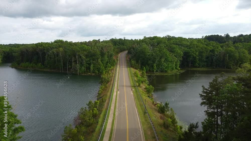 A slow flyover of a road that goes through a lake surrounded by multiple trees. A slow flyover of a road that goes through a lake surrounded by multiple trees.