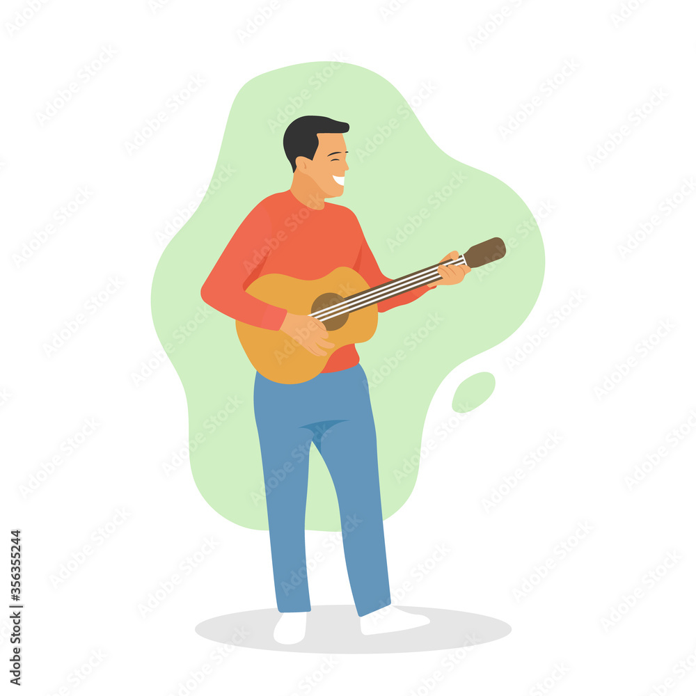Standing man smiling while holding and playing acoustic guitar. Music instrument concept. Solo guitarist. Male street musician. Live performance - Simple flat design vector character illustration. Standing man smiling while holding and playing acoustic guitar. Music instrument concept. Solo guitarist. Male street musician. Live performance - Simple flat design vector character illustration.