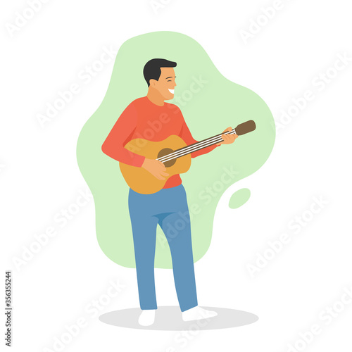 Standing man smiling while holding and playing acoustic guitar. Music instrument concept. Solo guitarist. Male street musician. Live performance - Simple flat design vector character illustration.