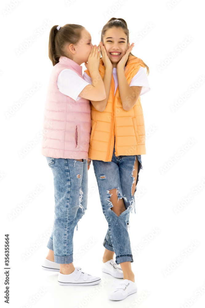 Two cheerful little girls share secrets in each other s ear. Two cheerful little girls share secrets in each other s ear.