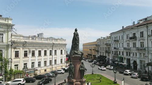 Aerial view on monument to the founders of Odessa Catherine the Great and her companions: Jose de Ribas, Francois Sainte de Wollant, Platon Zubov and Grigory Potemkin, Movement backward  photo