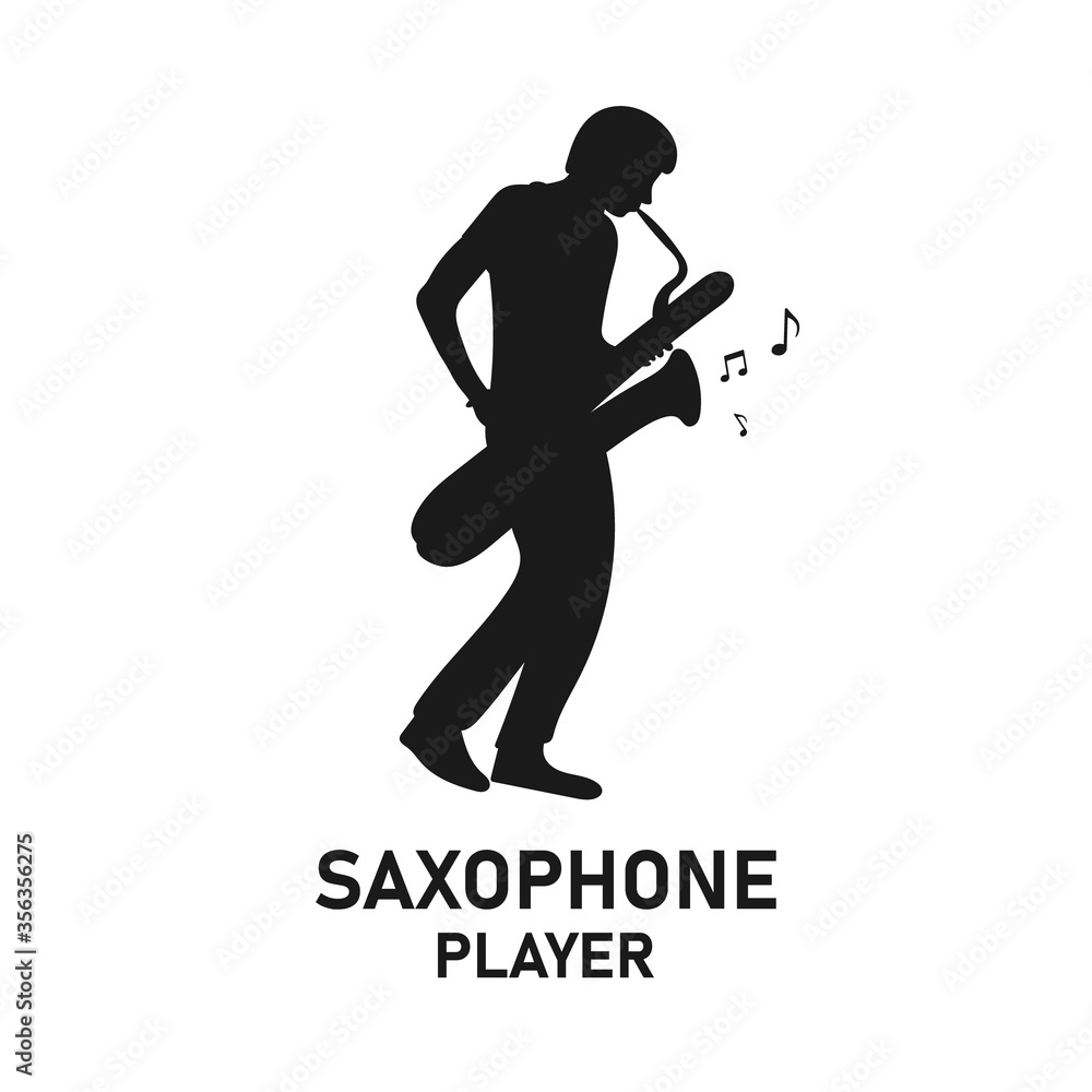 Naklejka premium Standing man holding and playing golden saxophone silhouette. Jazz music instrument logo concept. Solo saxophonist. Male street musician. Live performance - Vector icon sign or symbol illustration.
